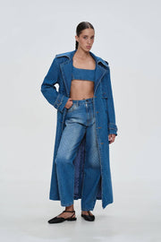 Clear Rhinestone Denim trench coat