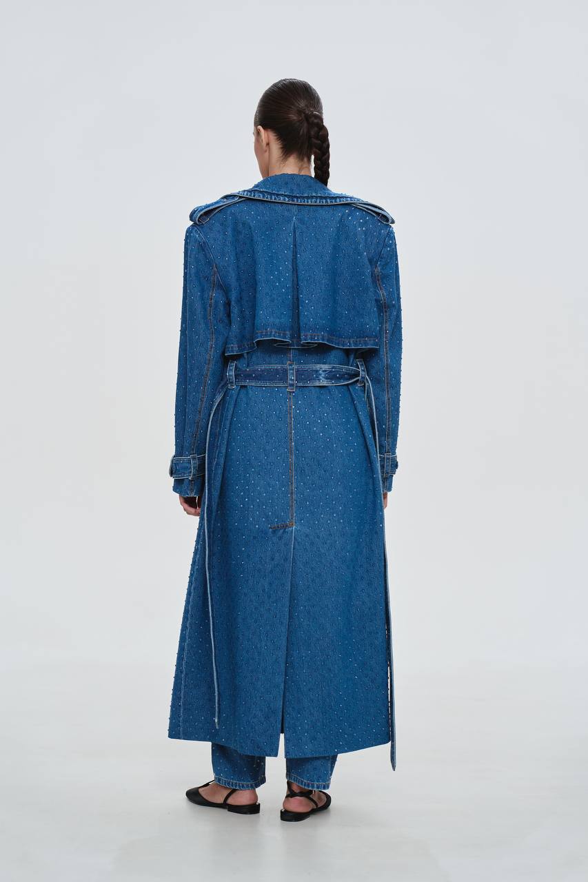 Clear Rhinestone Denim trench coat – Santa