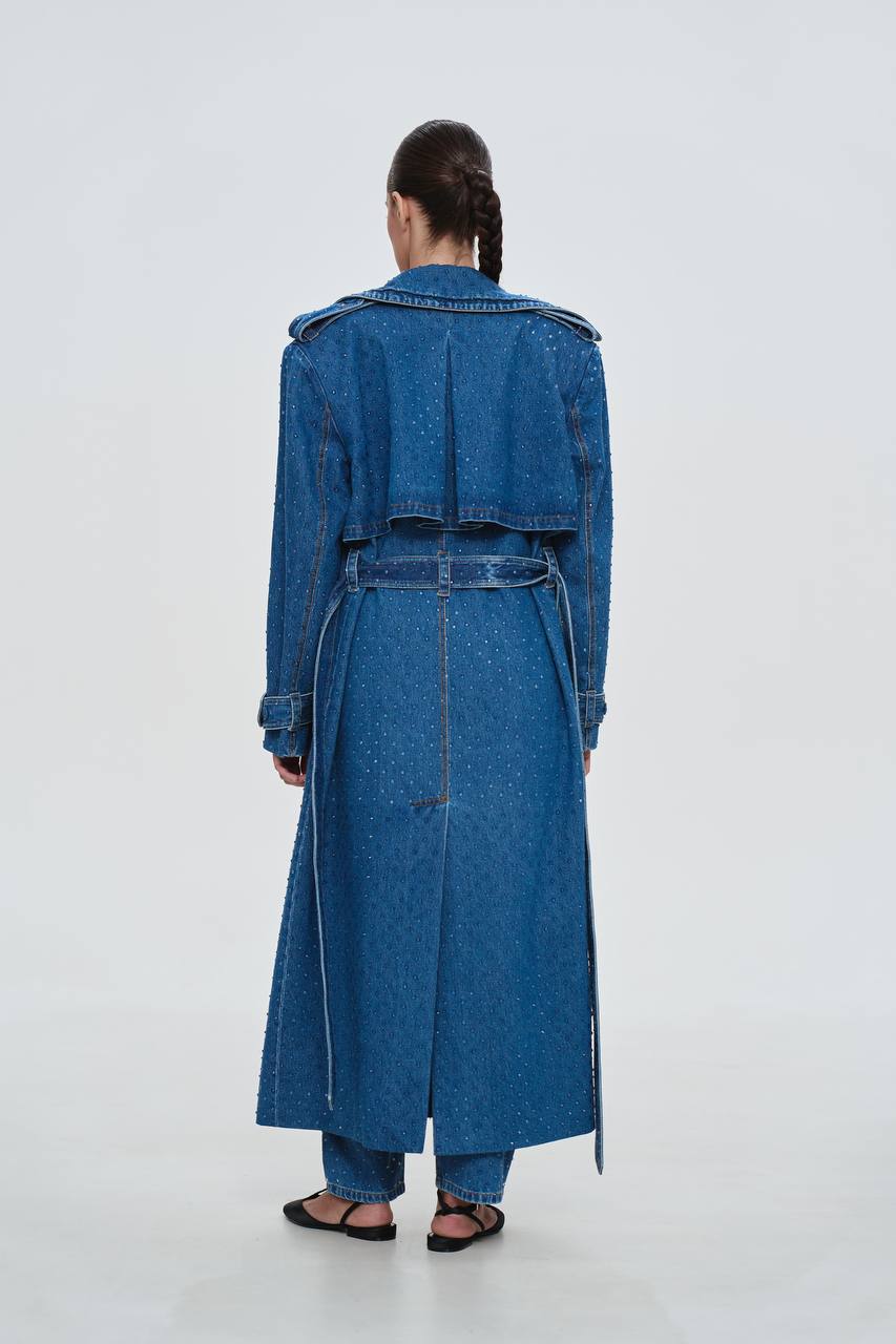 Clear Rhinestone Denim trench coat