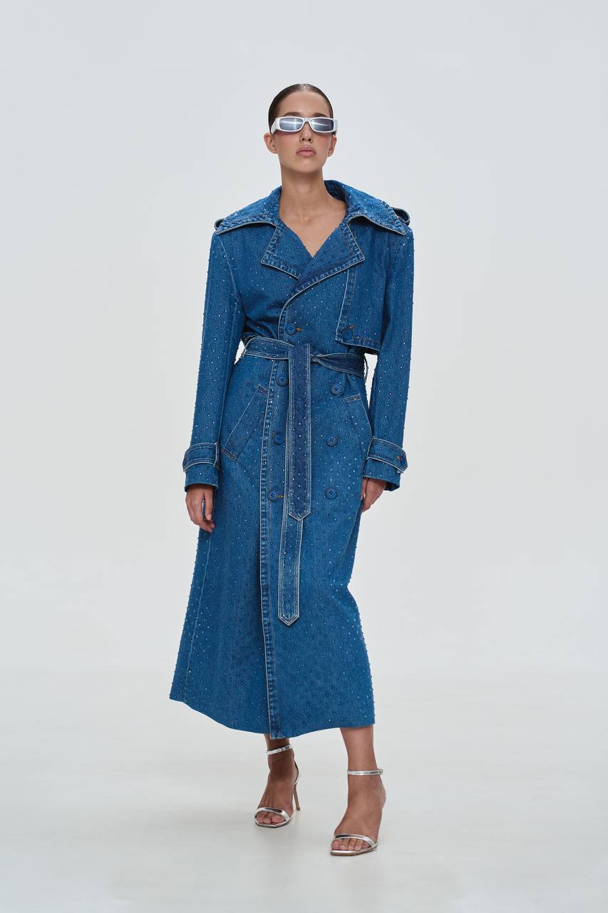 Clear Rhinestone Denim trench coat