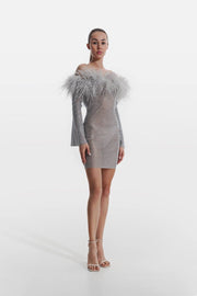 Sparkle Silver Mini Feathers Dress with Open Shoulders