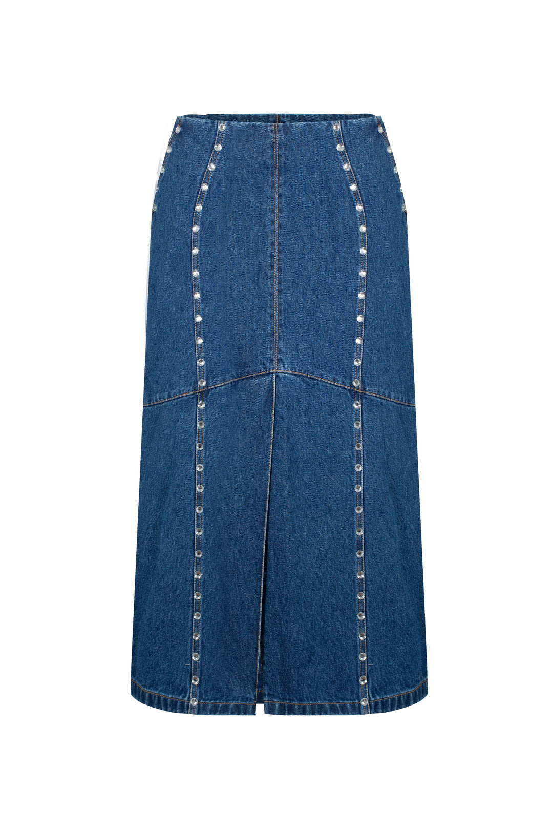 Denim midi skirt with silhouette lines and crystals