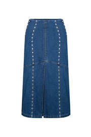 Denim midi skirt with silhouette lines and crystals