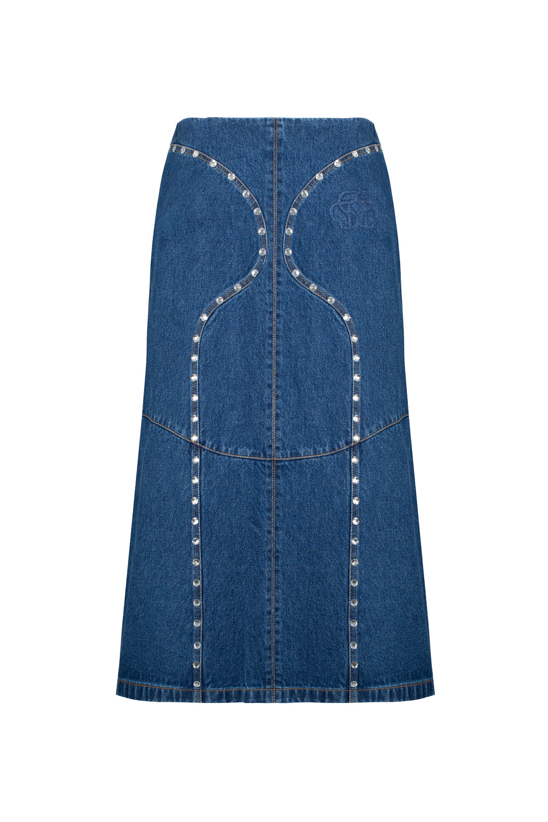 Denim midi skirt with silhouette lines and crystals