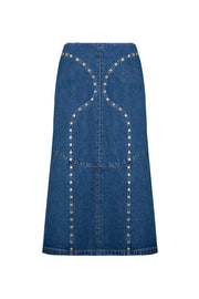 Denim midi skirt with silhouette lines and crystals
