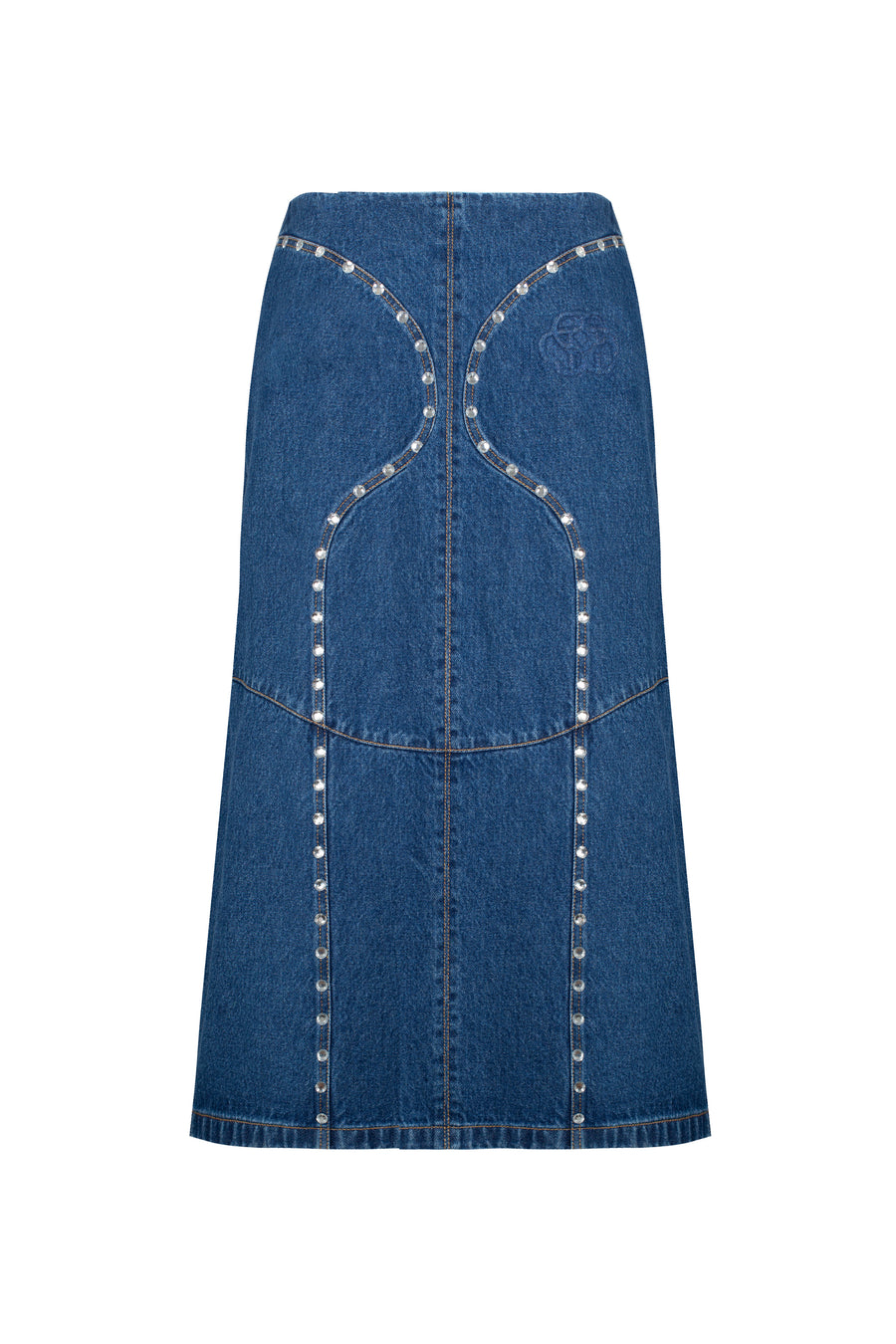 Denim midi skirt with silhouette lines and crystals