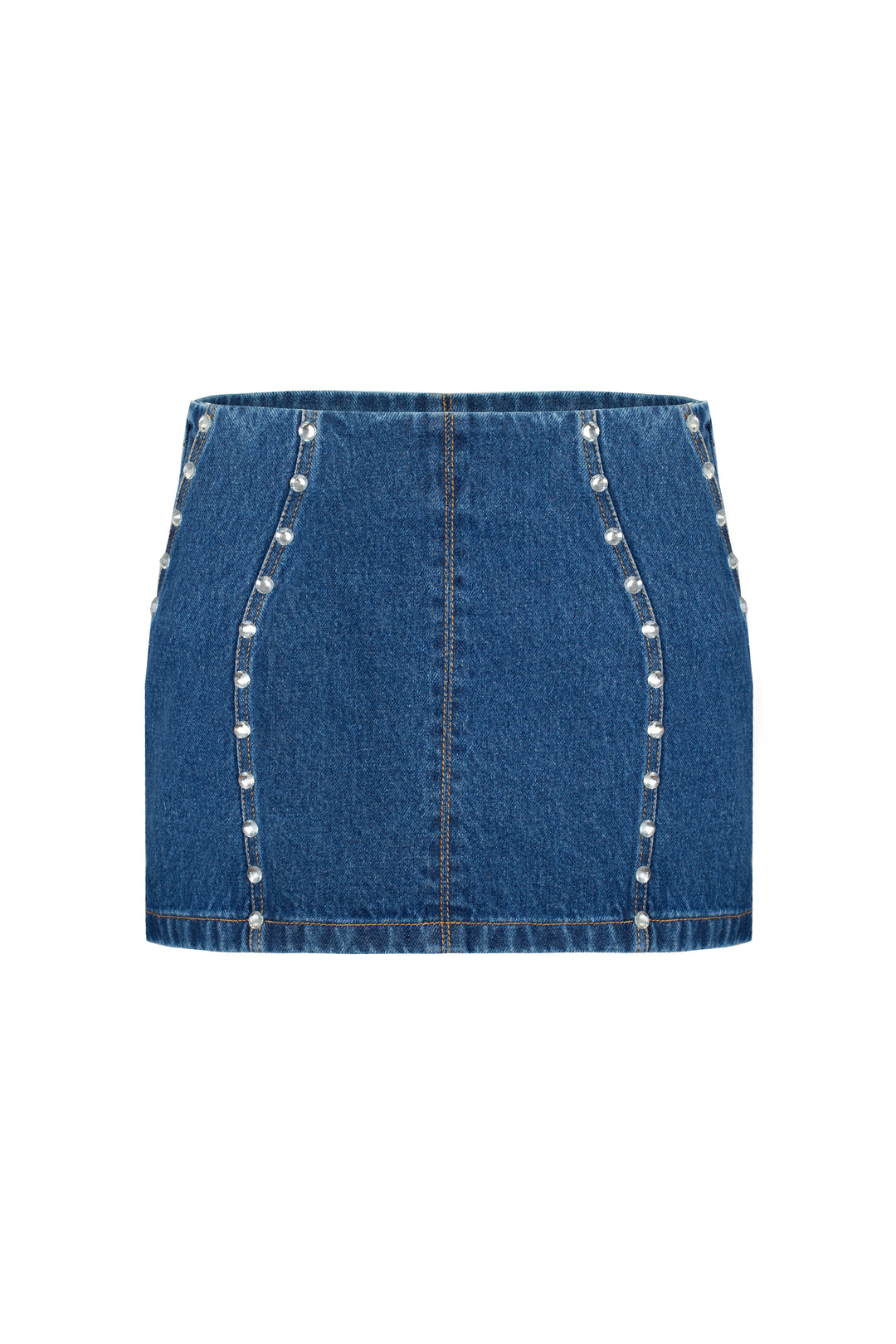 Denim mini skirt with silhouette lines and crystals