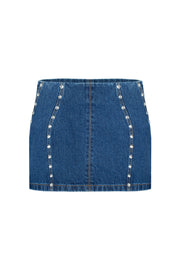 Denim mini skirt with silhouette lines and crystals