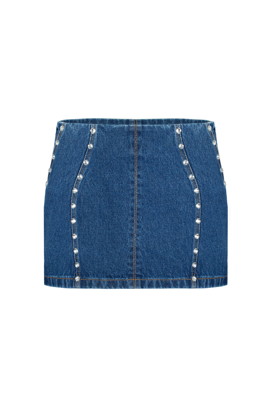 Denim mini skirt with silhouette lines and crystals