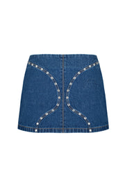 Denim mini skirt with silhouette lines and crystals