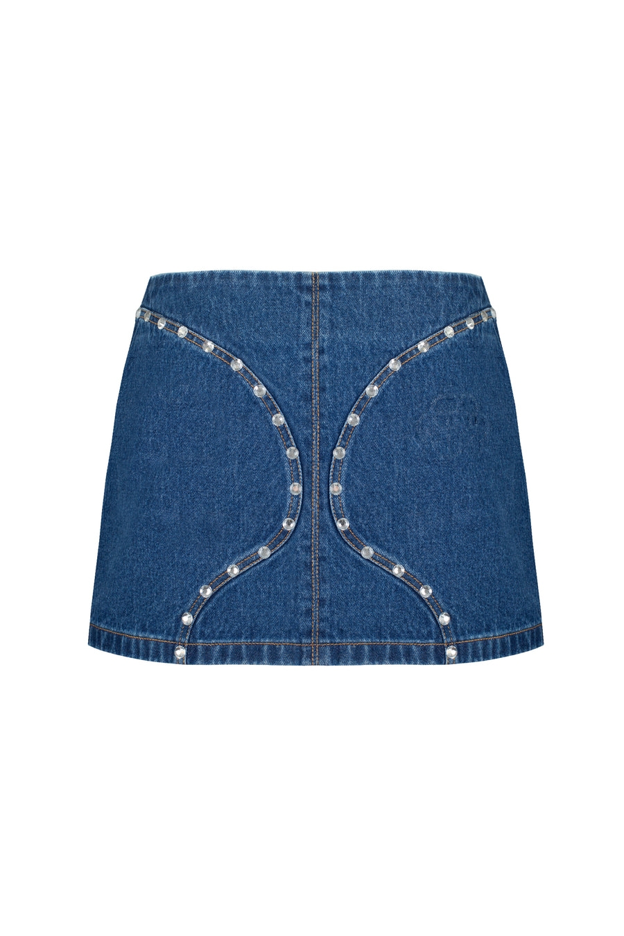 Denim mini skirt with silhouette lines and crystals