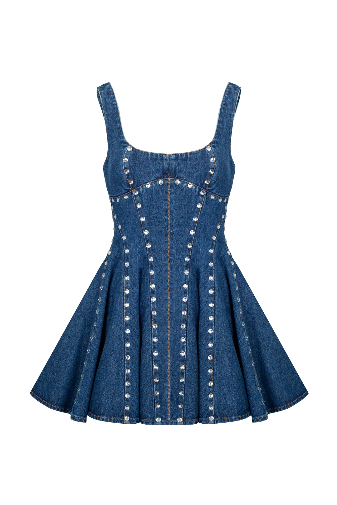 Denim dress with silhouette 
lines and crystals
