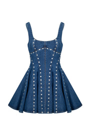 Denim dress with silhouette 
lines and crystals