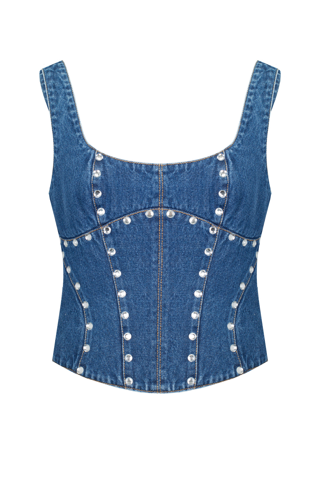 Denim corset with silhouette lines
and crystals