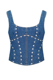 Denim corset with silhouette lines
and crystals