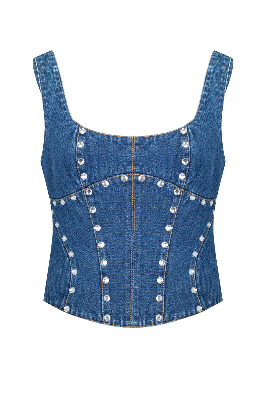 Denim corset with silhouette lines
and crystals