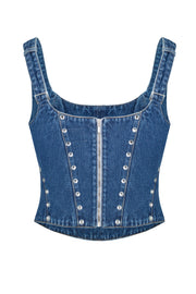 Denim corset with silhouette lines
and crystals