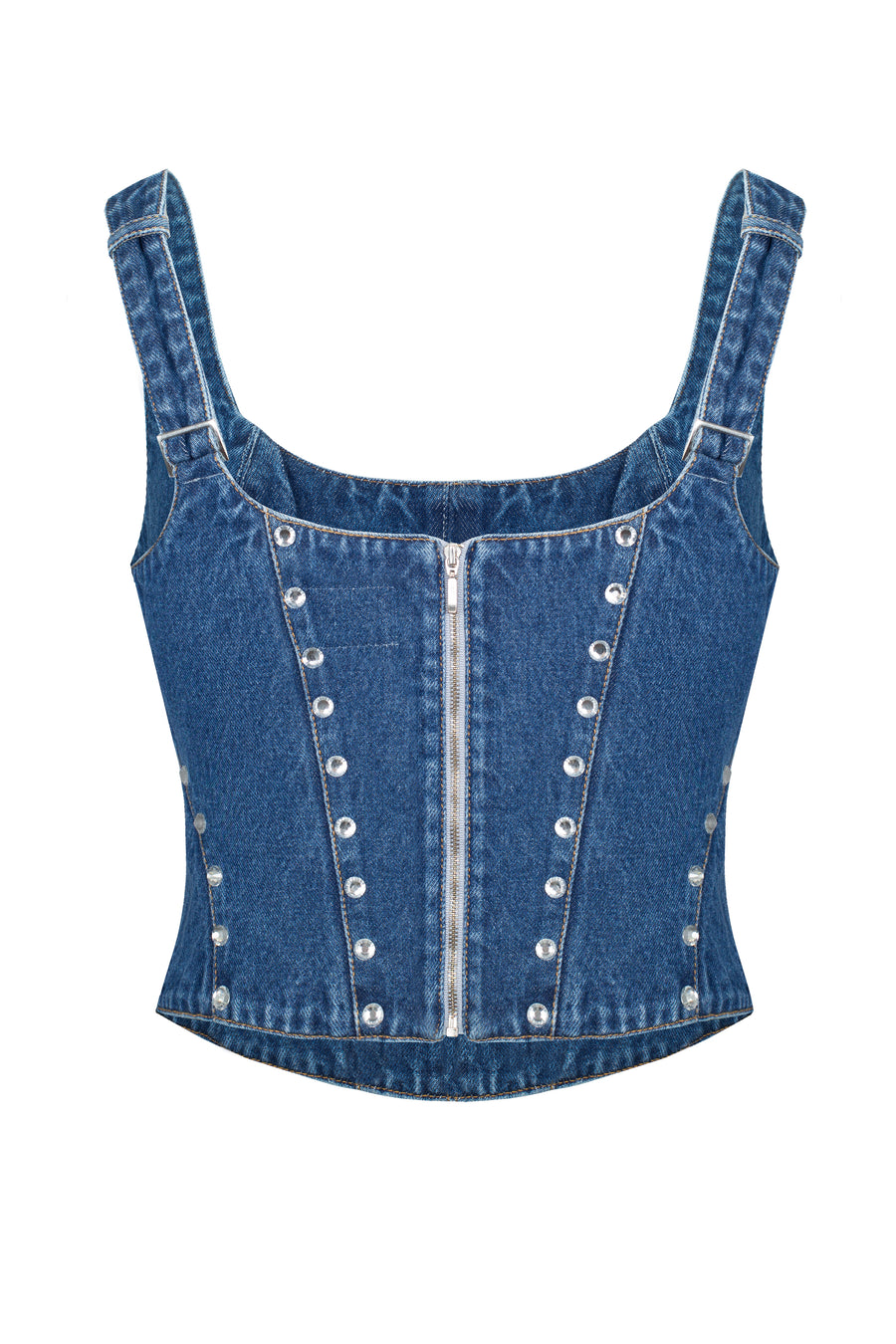 Denim corset with silhouette lines
and crystals