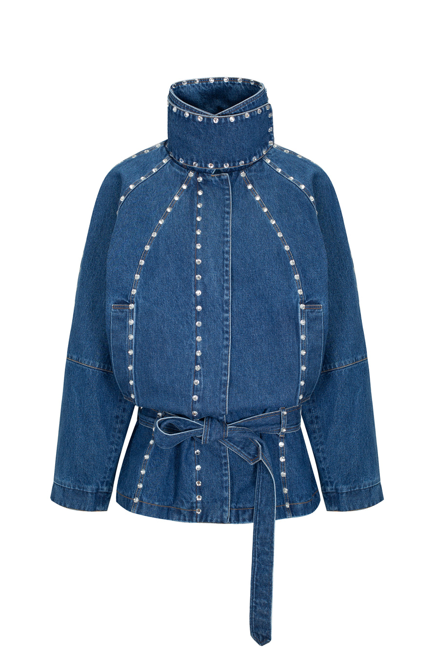 Denim oversized jacket with
silhouette lines and crystals