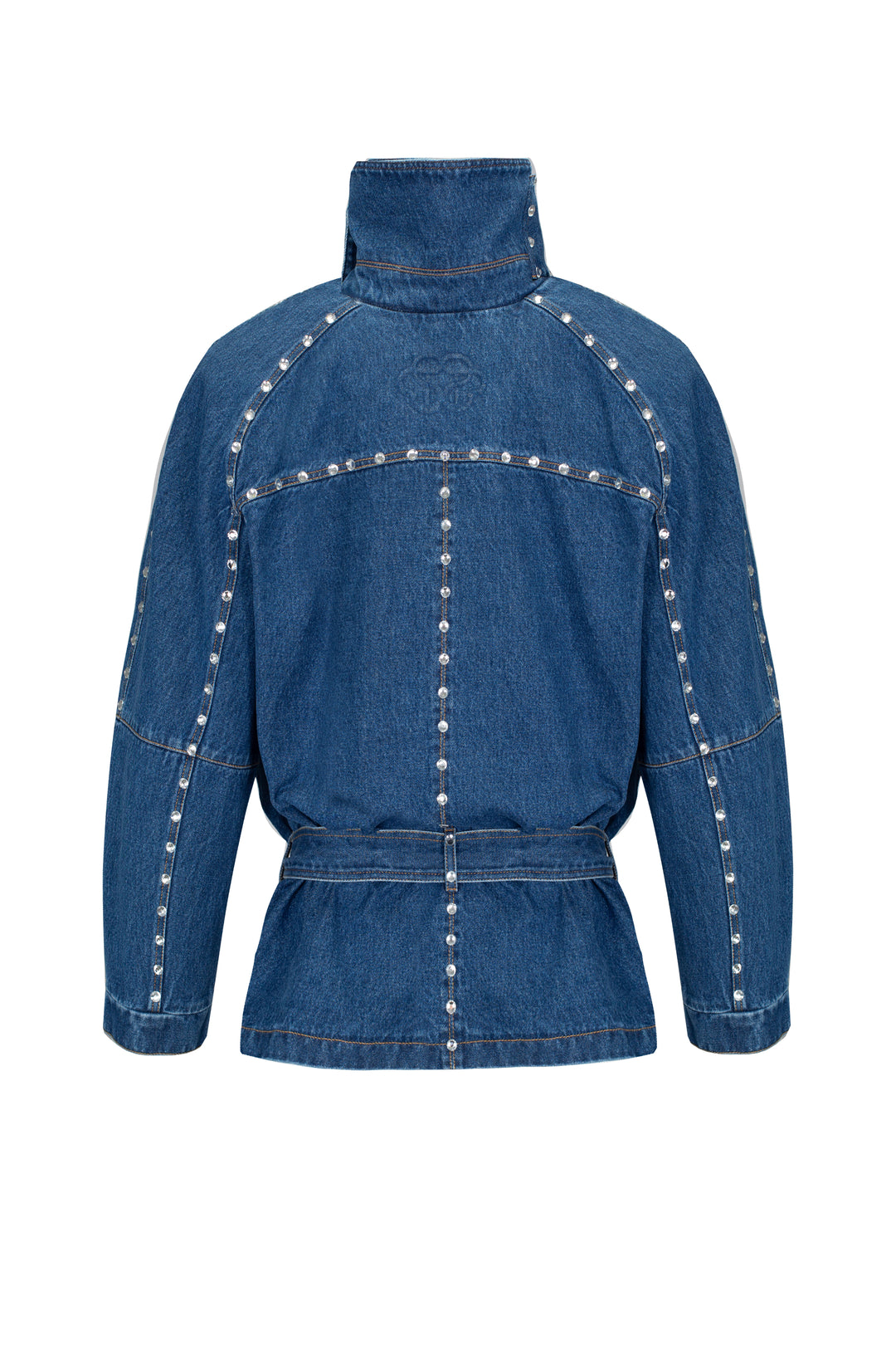 Denim oversized jacket with
silhouette lines and crystals