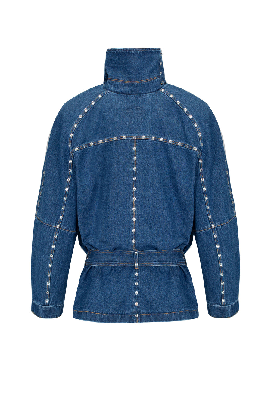 Denim oversized jacket with
silhouette lines and crystals