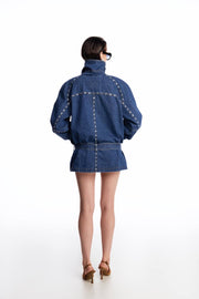 Denim oversized jacket with
silhouette lines and crystals
