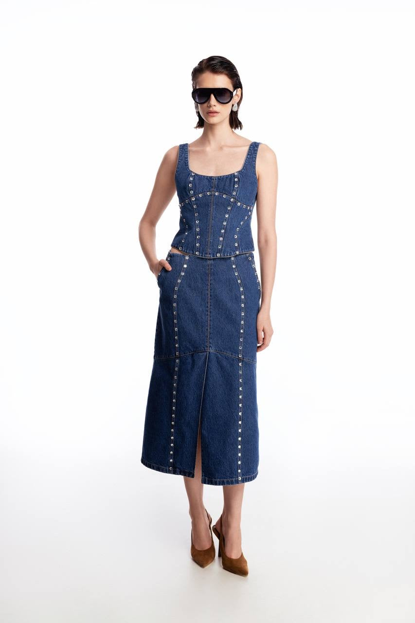Denim midi skirt with silhouette lines and crystals