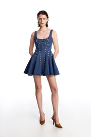 Denim dress with silhouette 
lines and crystals