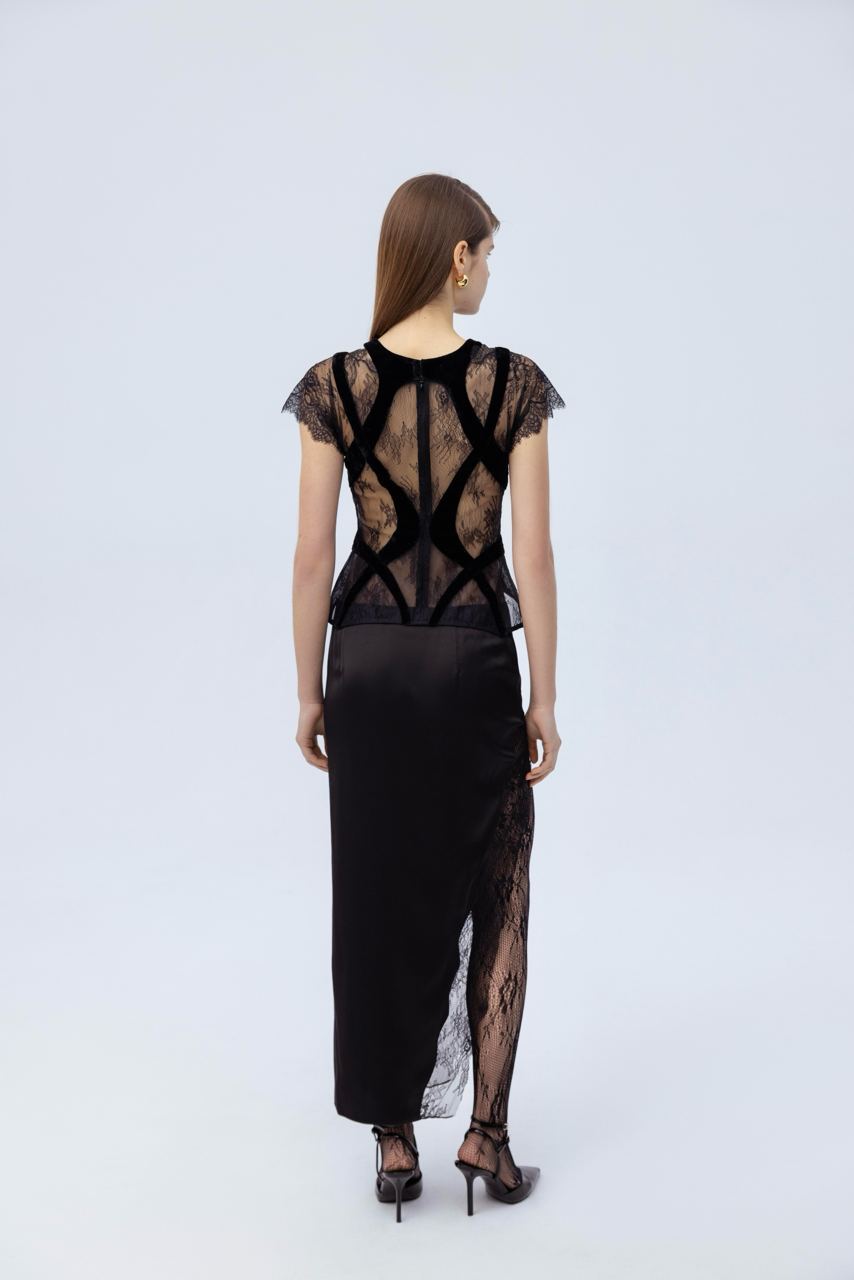 Lacet midi skirt with soft velvet