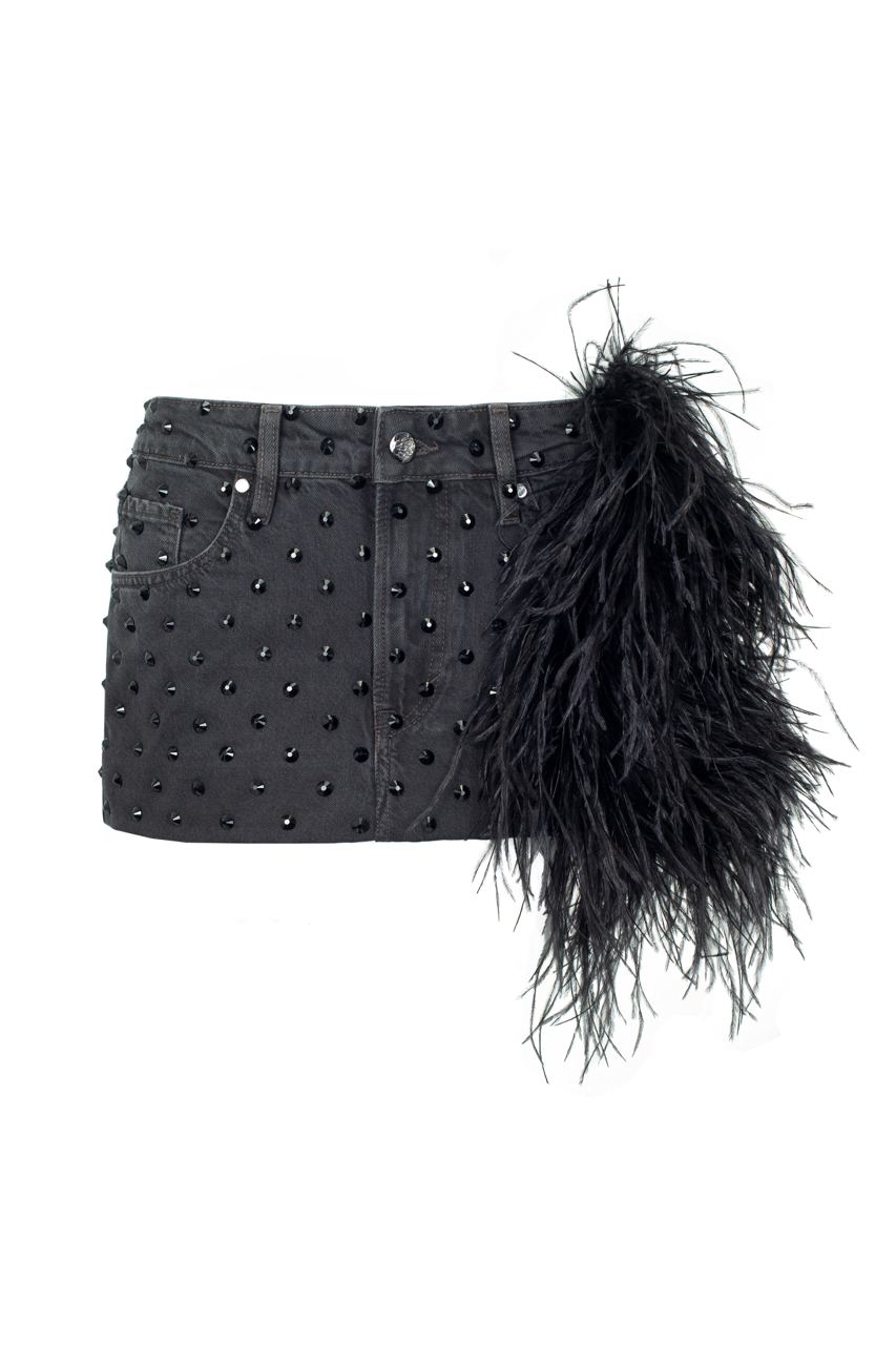 Diamante mini jeans skirt with feathers