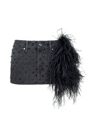 Diamante mini jeans skirt with feathers