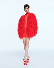 Red Silk Mini Dress with Feathers