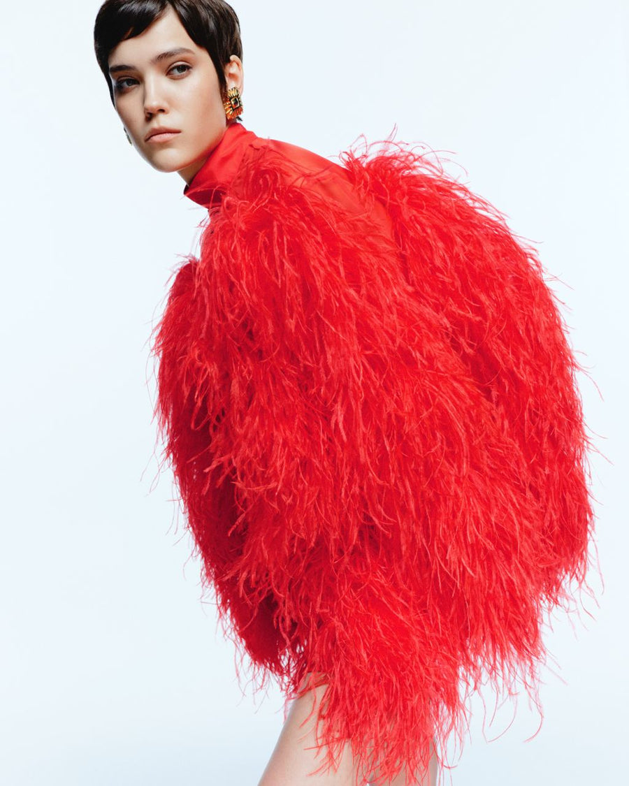 red fur dress Red Silk Mini Dress with Feathers M/L / Red