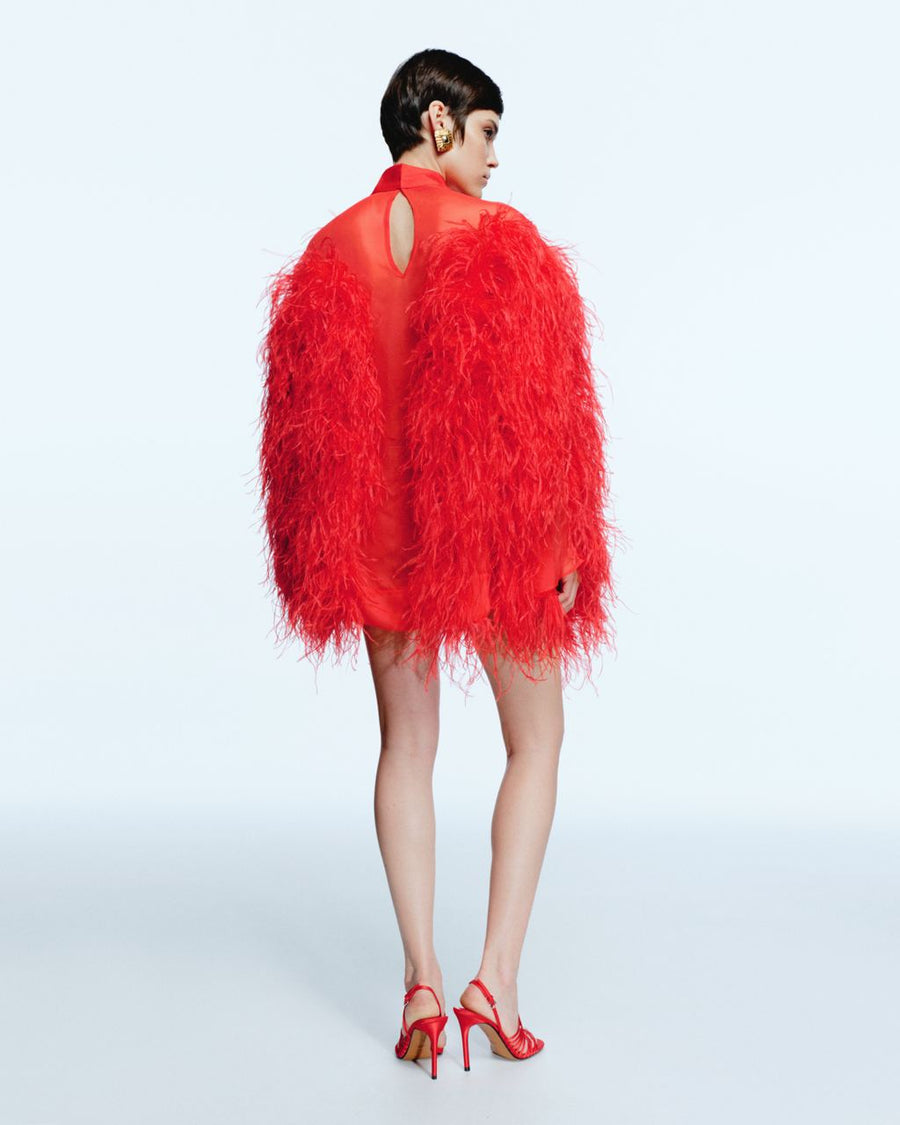 Red Silk Mini Dress with Feathers M/L / Red Red Silk Mini Dress with Feathers M/L / Red