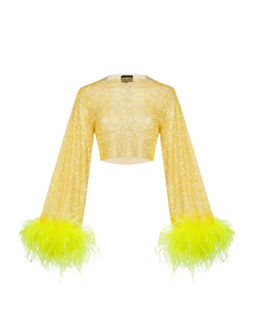 Sparkle Yellow Feathers Top Wide Sleeves - Santa